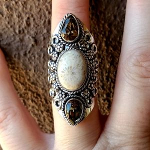 New Fossil Coral & Smoky Topaz 925 Silver Ring.